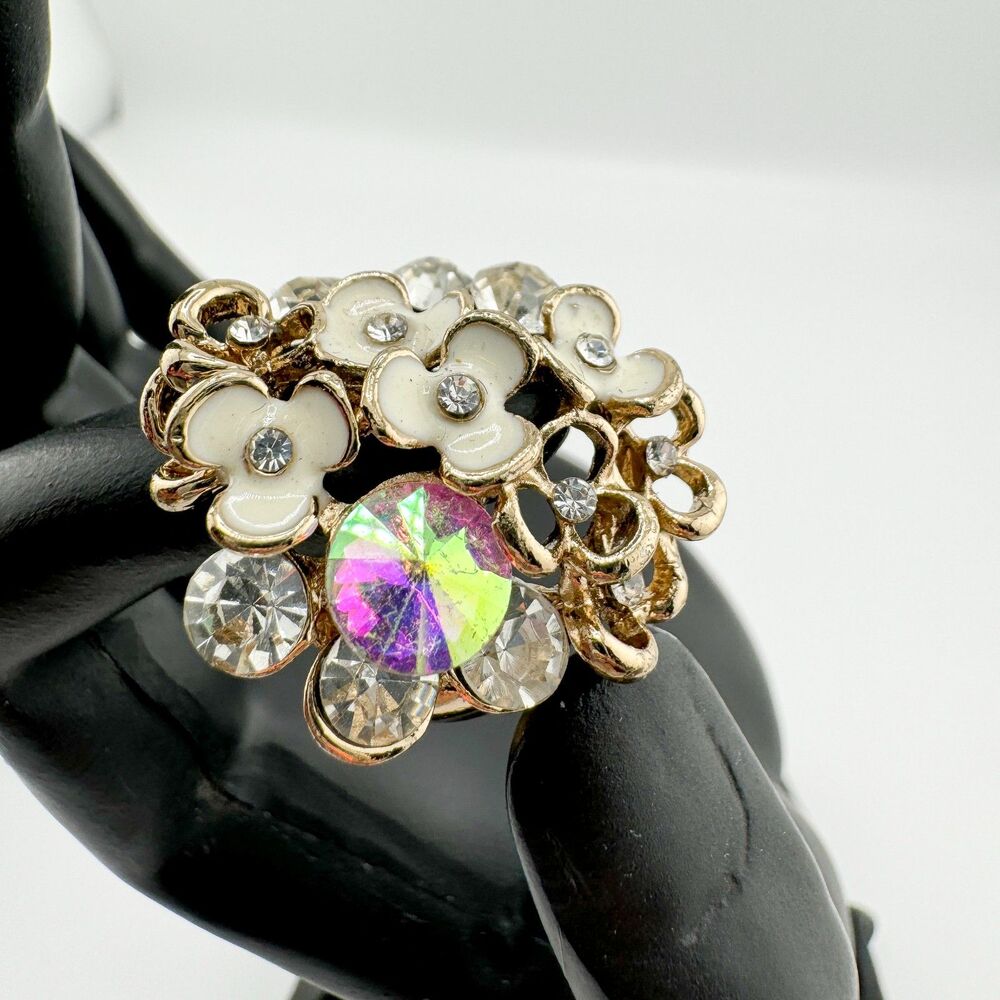 Vintage Enamel Floral Chunky Statement Ring AB Rhinestones Retro Art Deco Glam